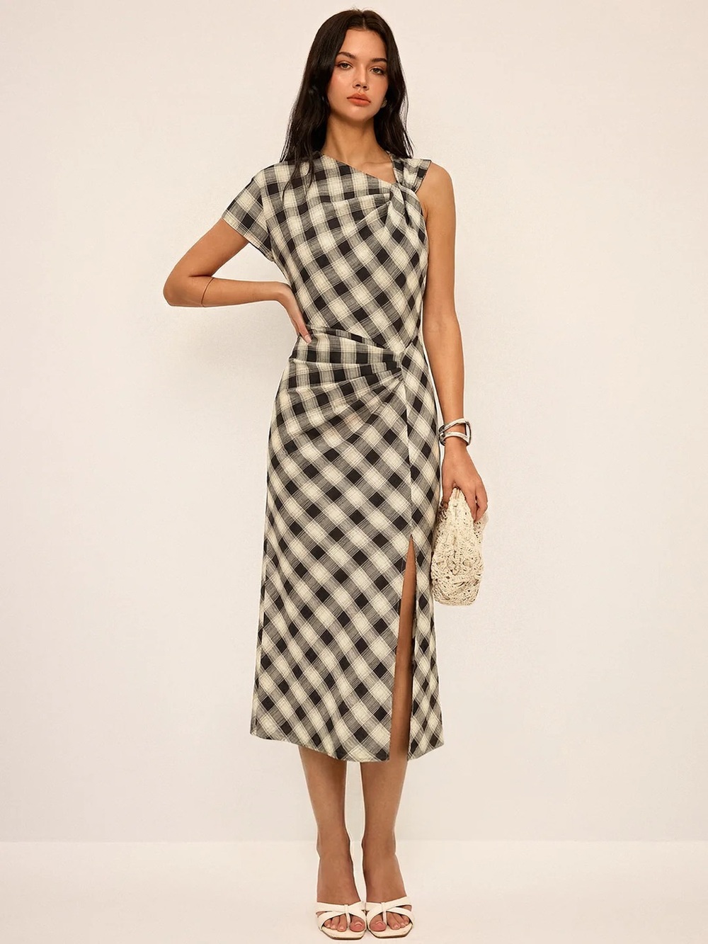 Commense Plaid One-Shoulder Midi Dress